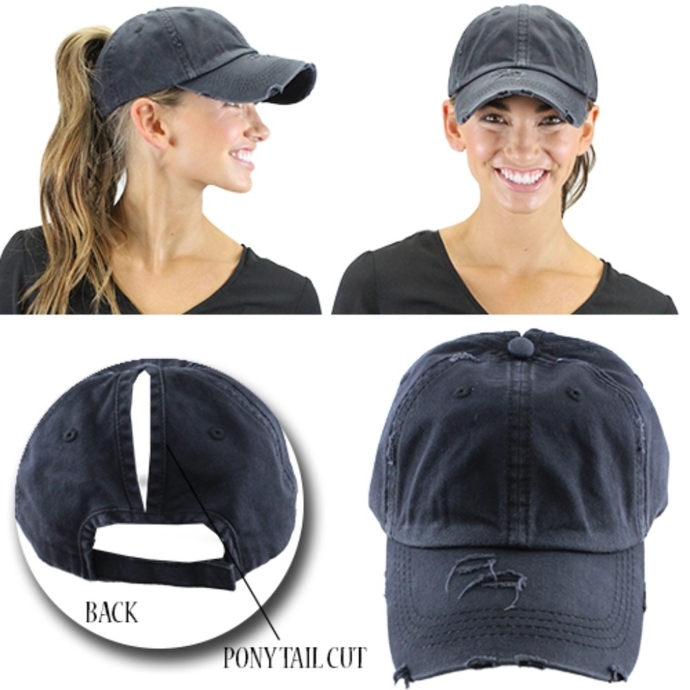 Brand New Black Distressed Pony Tail Hat!